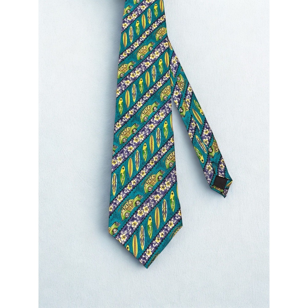 Vintage Hawaii Surf Tie 100% Silk Surf Board Vintage Car FUN RETRO Blue/Green